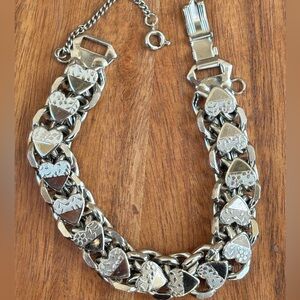 Vintage Chunky Silver Tone Sweetheart Bracelet | Heart Link Charm Bracelet Gift